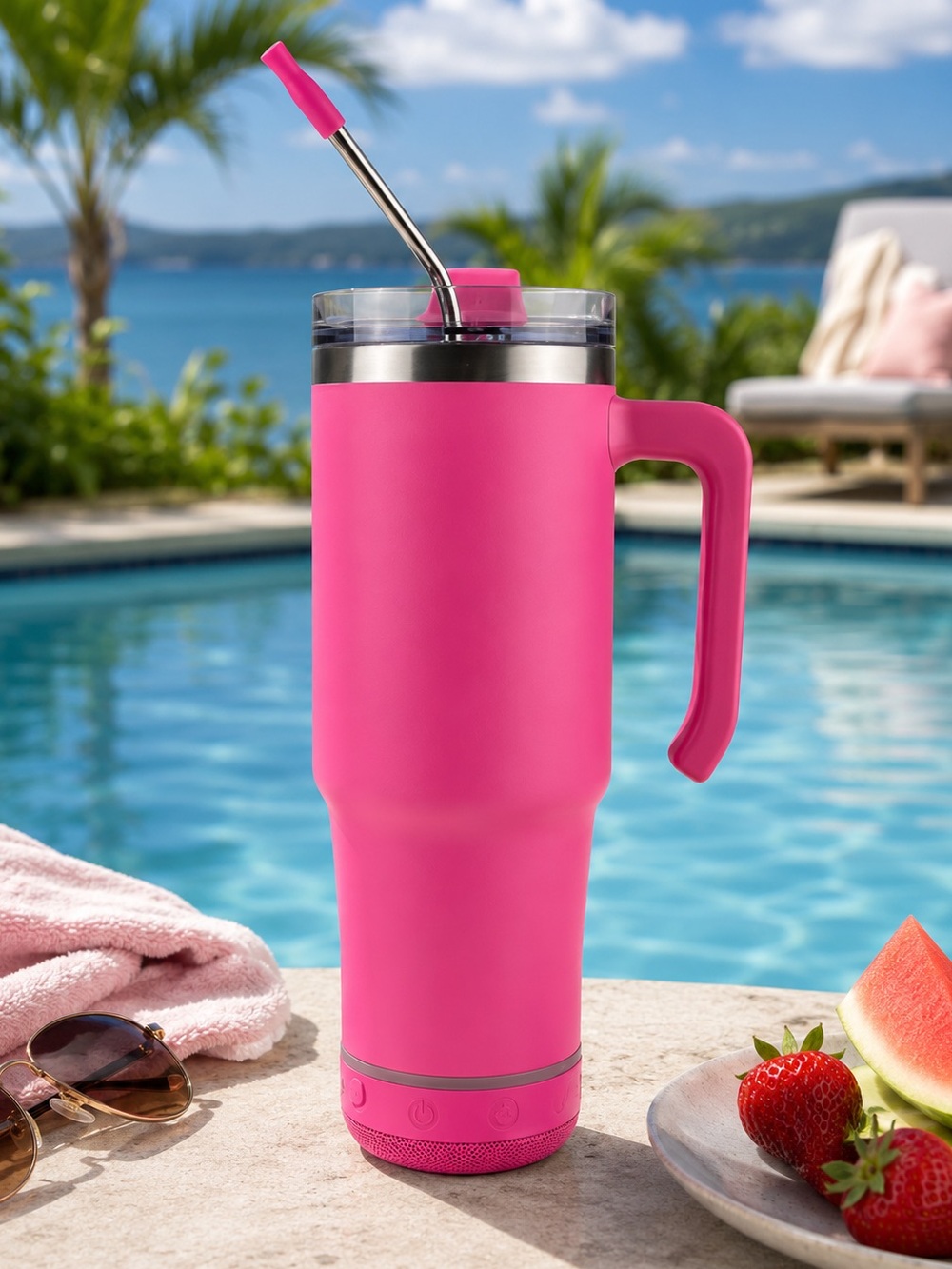 30oz Hot Pink Bluetooth Speaker Tumbler Straw Boxed